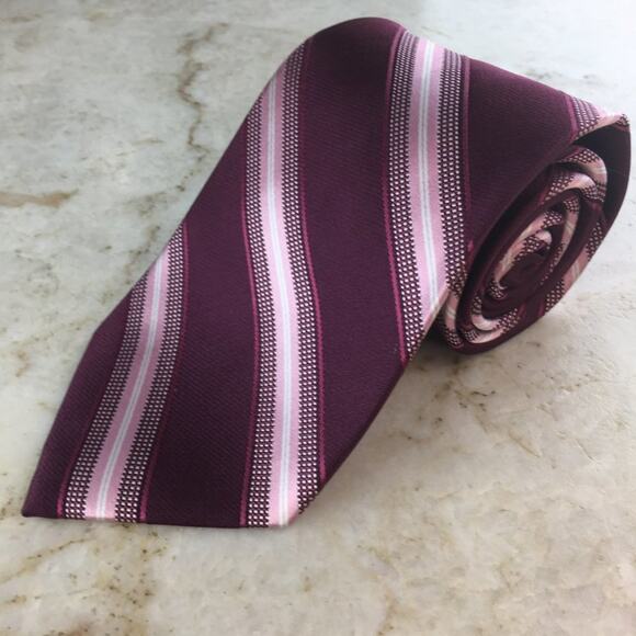 MICHAEL KORS  Silk Regiment Tie in Burgundy  Pink Grey and White - Picture 7 of 10